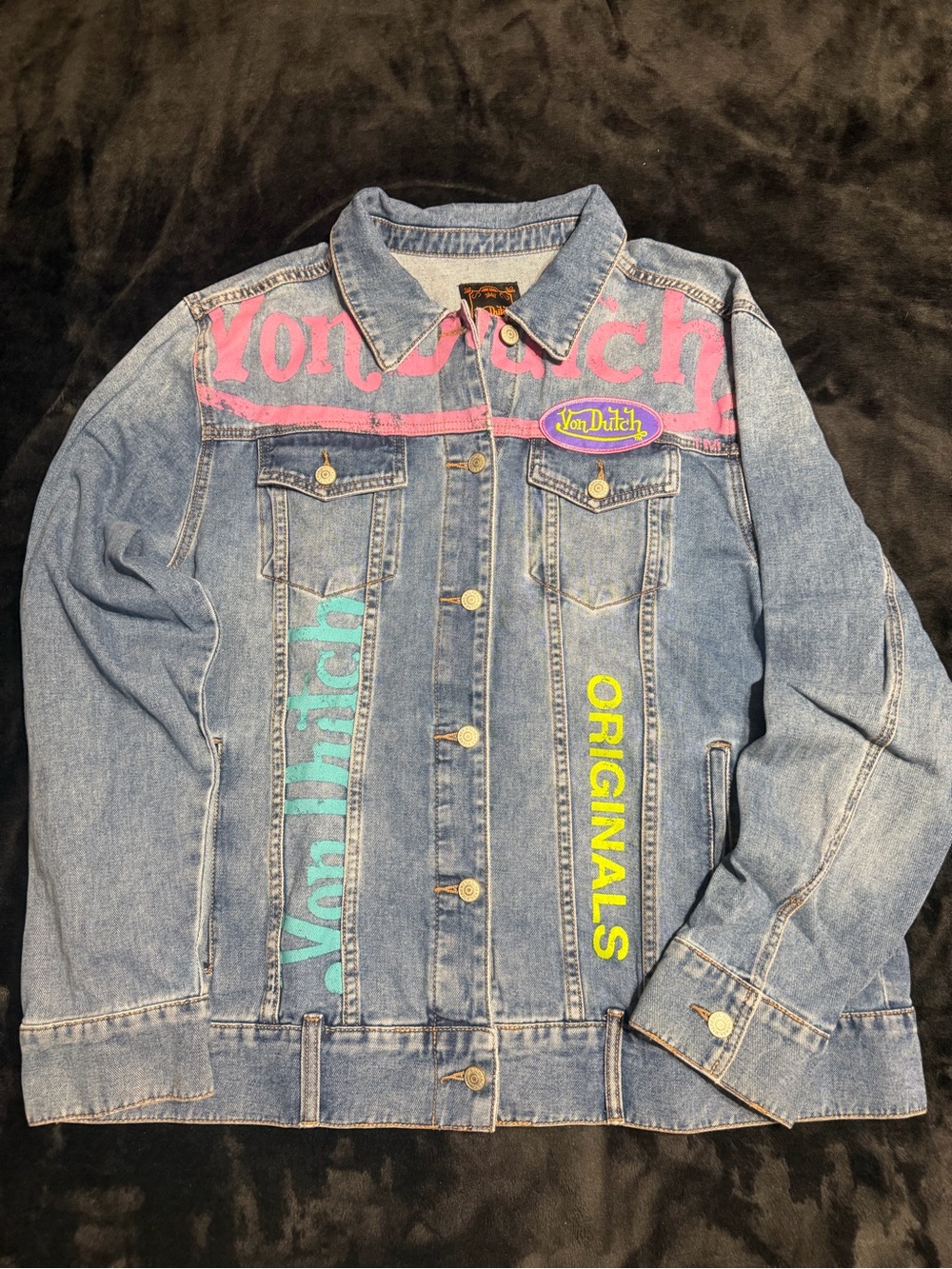 Von Dutch Women’s Light Blue Denim Jacket with Pink, Teal & Yellow Accents NWOT